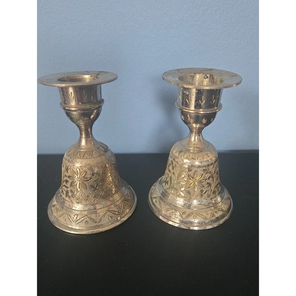 Vintage Z.Y. India World Gift Metal Service Bell Candle Stick Holders Set of 2